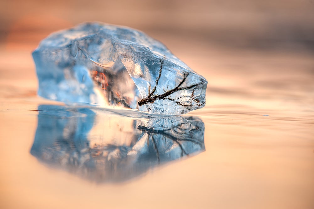 Ice chunk with twig frozen in it