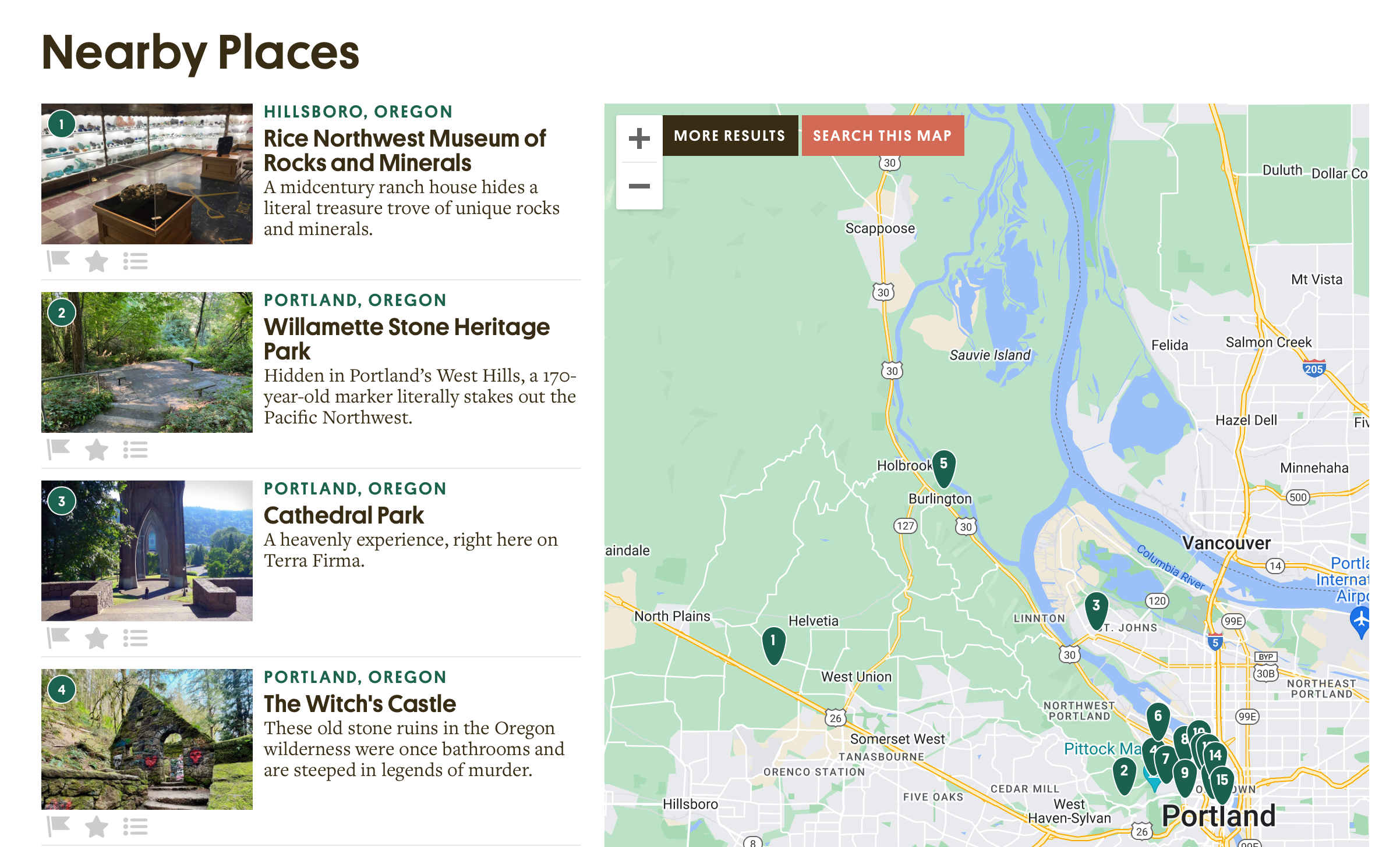 screenshot of Atlas Obscura website showing list of places in Oregon and a map with their locations