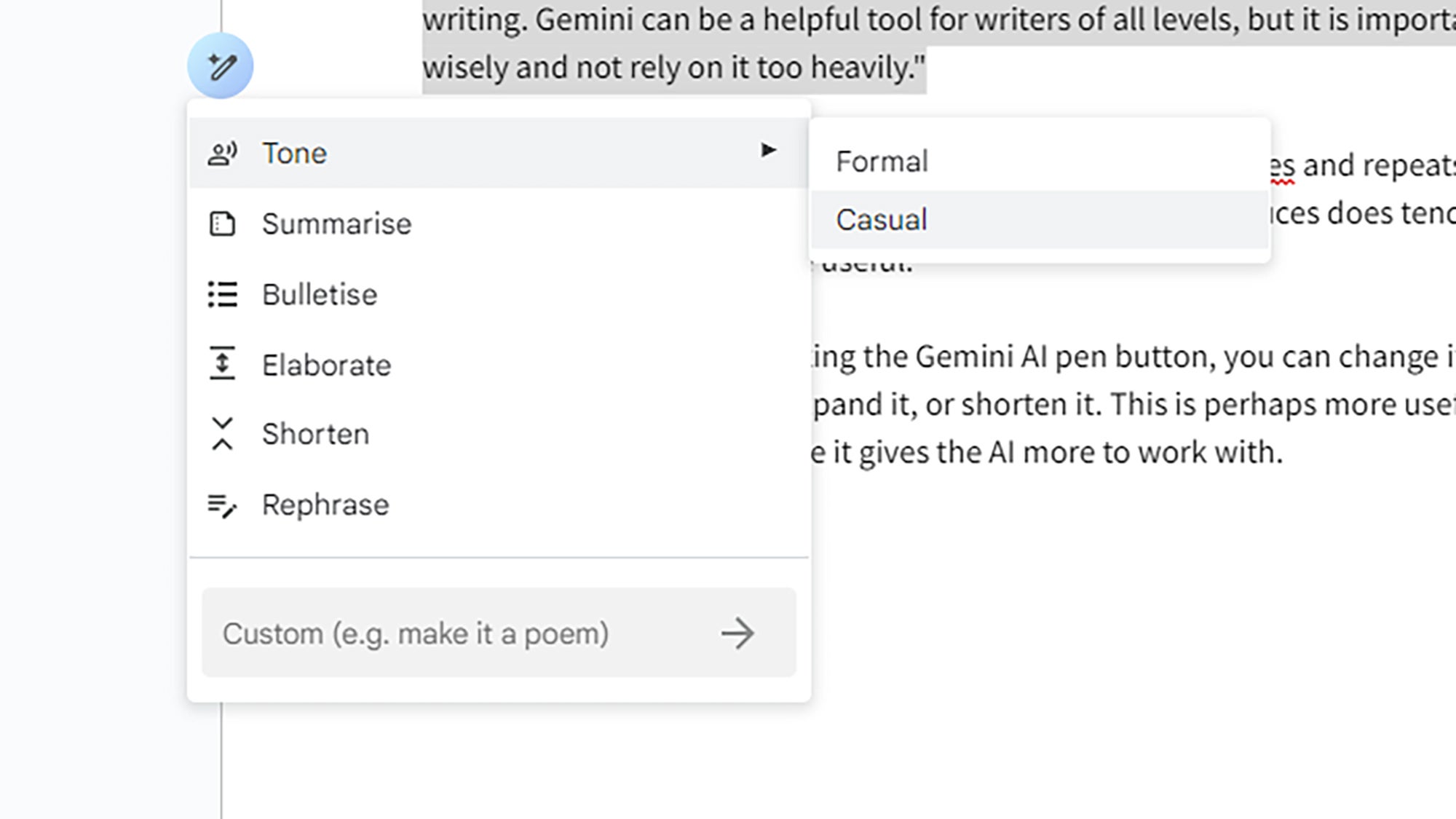 screenshot of google docs with "Tone" selected