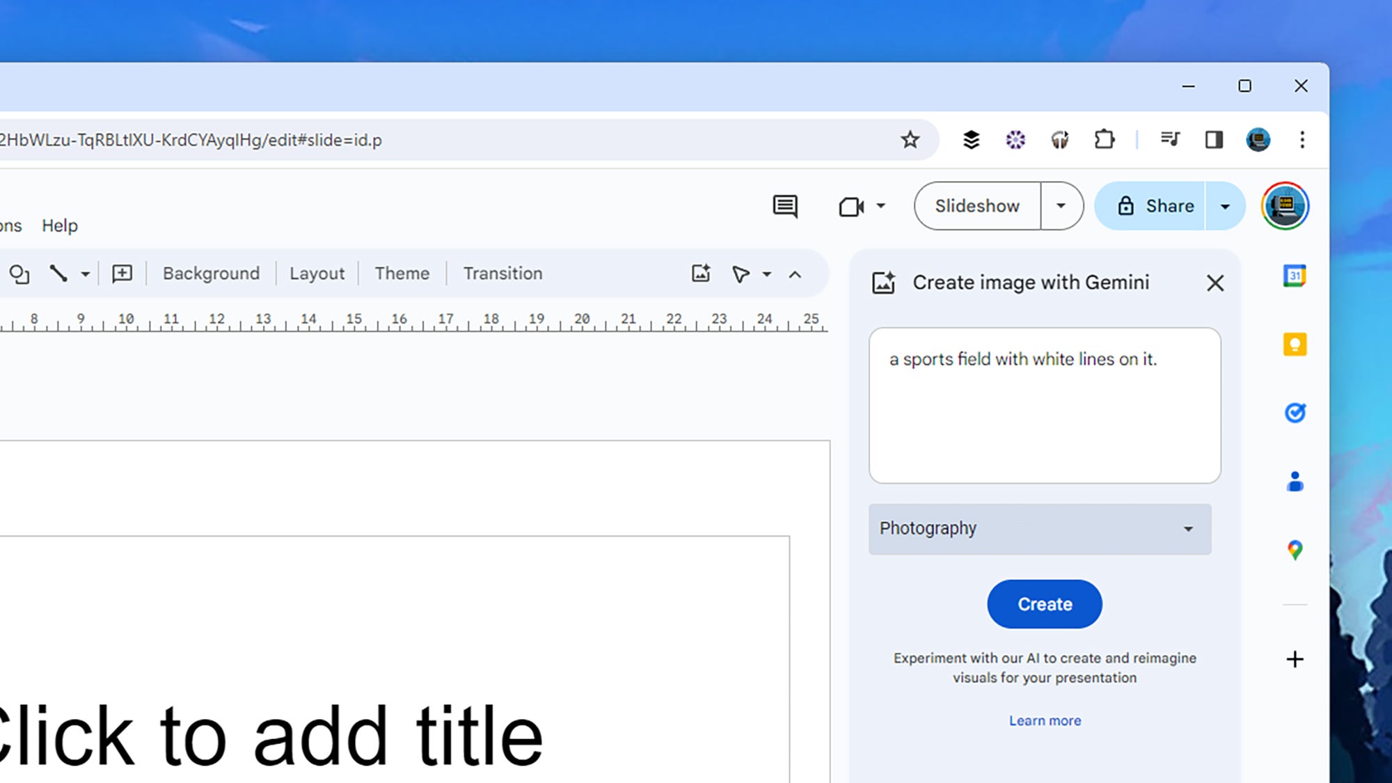 screenshot of Google Slides, showing Gemini on the right-hand rail