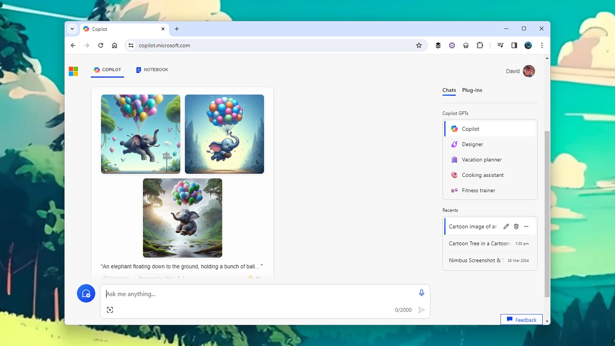 microsoft copilot screenshot of ai generated elephants holding balloons