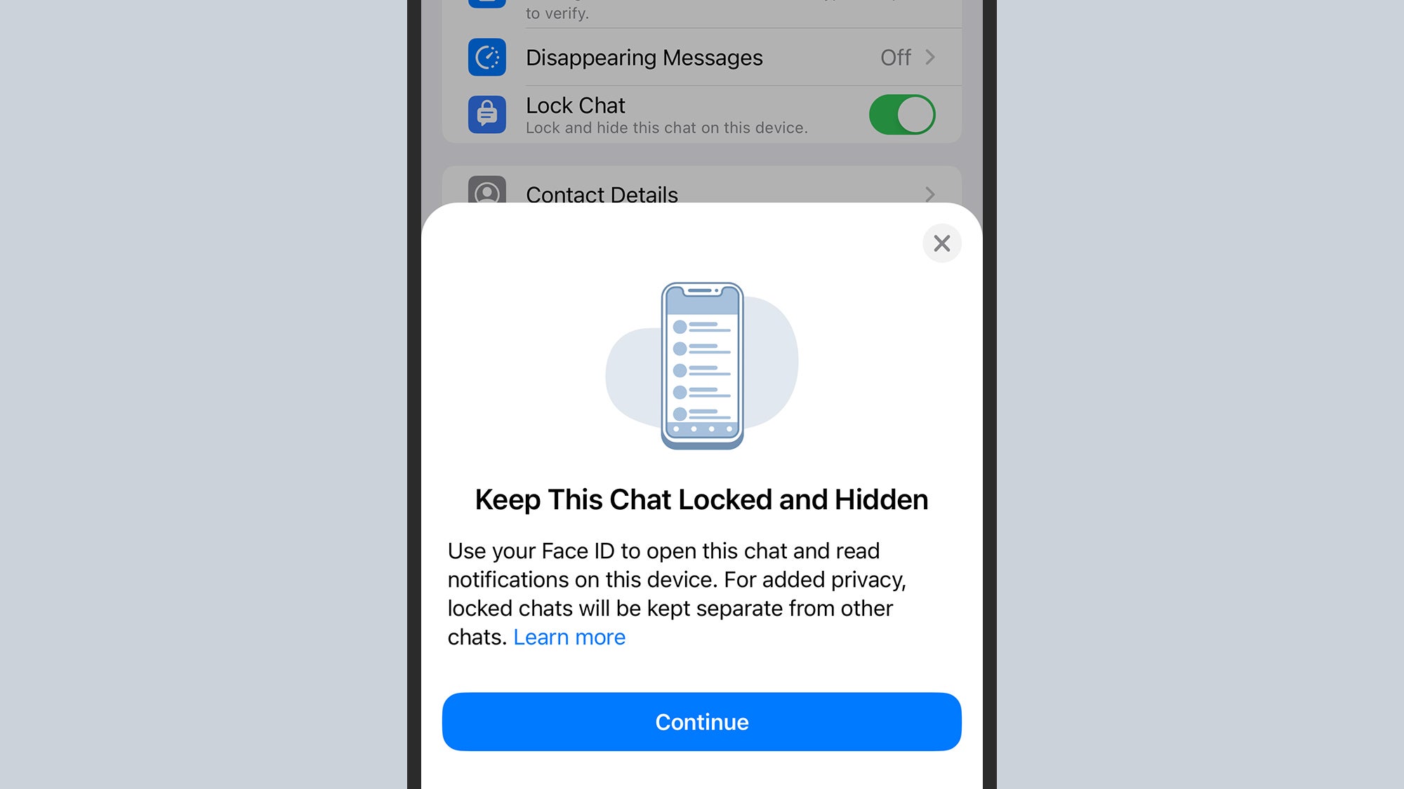 screenshot of iphone with "Keep this chat locked and hidden" opened