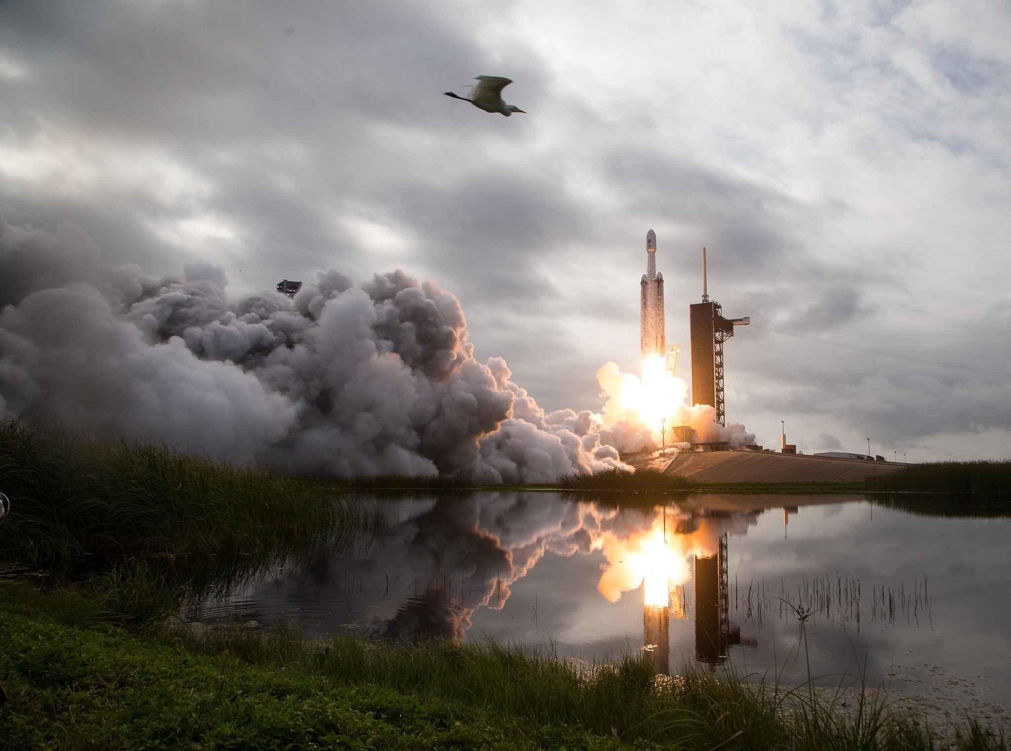 on a cloudy day, a rocket launches as fire shoots out. a bird flies in the foreground