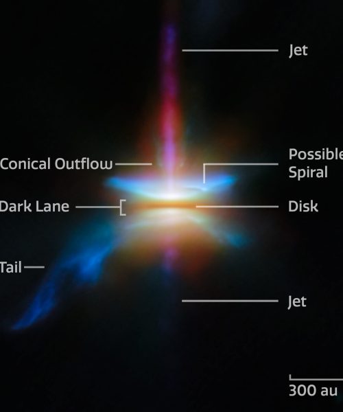 Newborn stars surround a planet-forming disk 450 million light years away