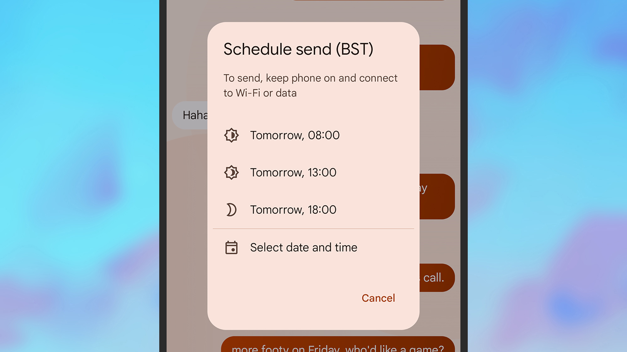 screenshot of scheduling options in messages