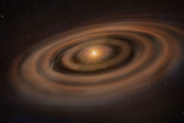 Artistic impression of a protoplanetary disk with forming planets that redistribute the gas and dust around them.