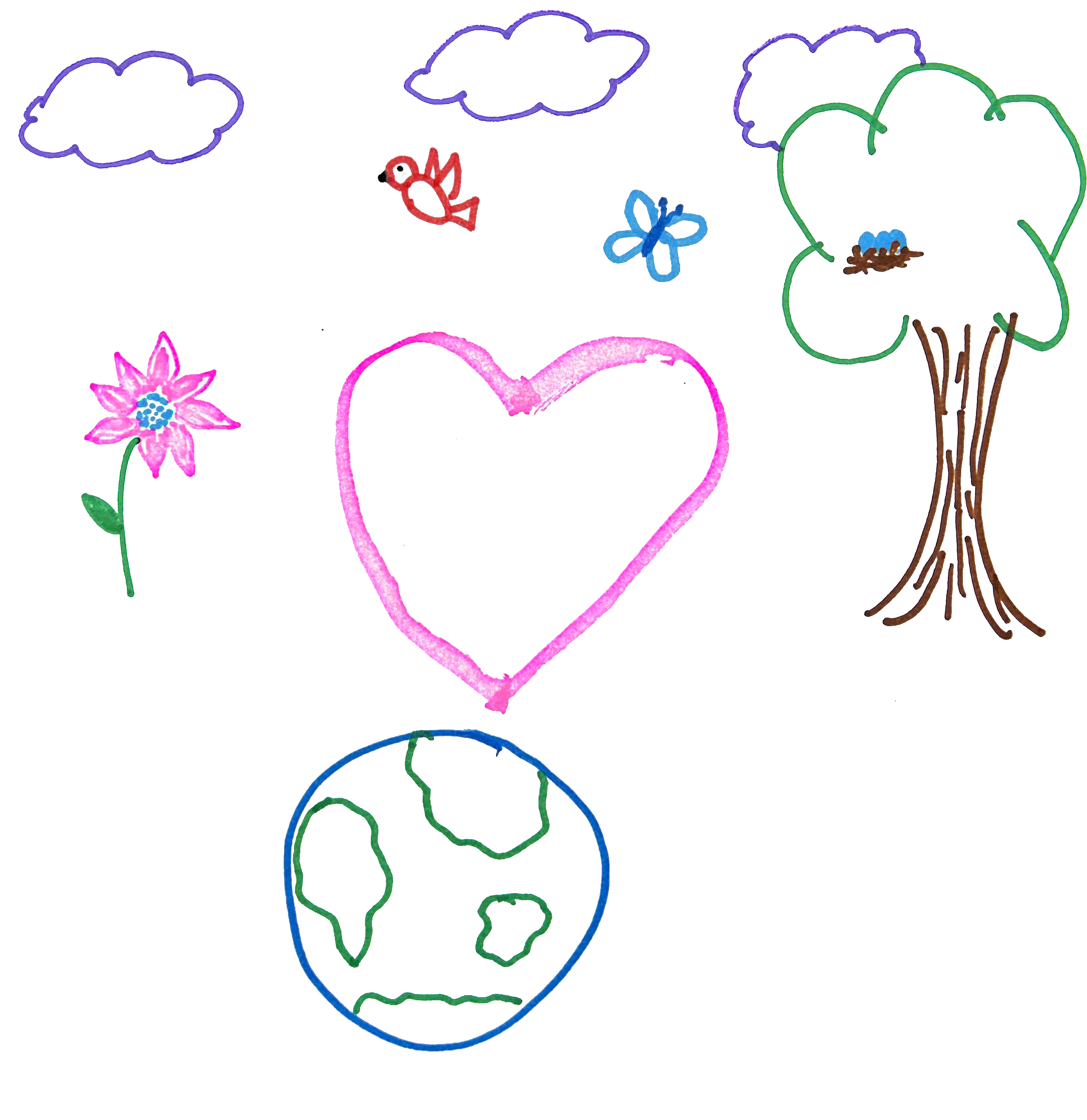 a child's drawing of the planet earth, with a heart on, flower, tree with a bird's nest, bird, butterfly, and clouds above it.