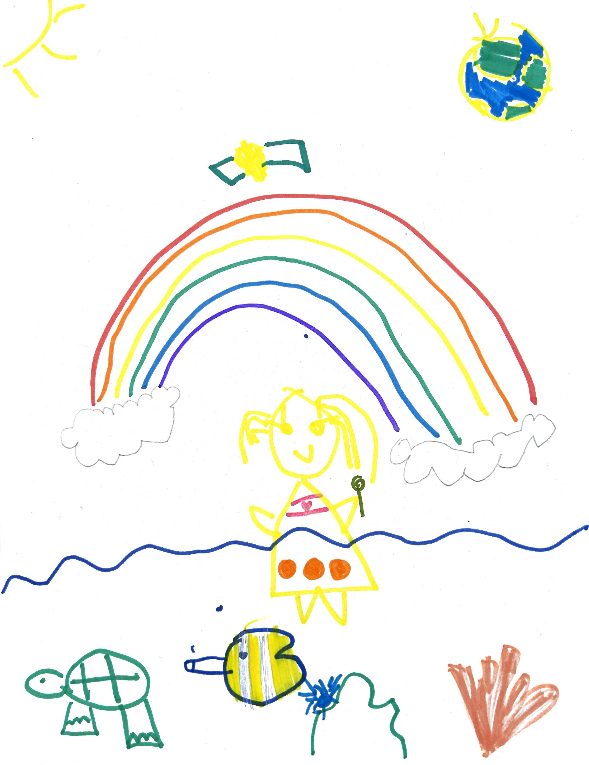 a child's drawing of hawaii, with a rainbow over a turtle, fish, and aquatic plant life
