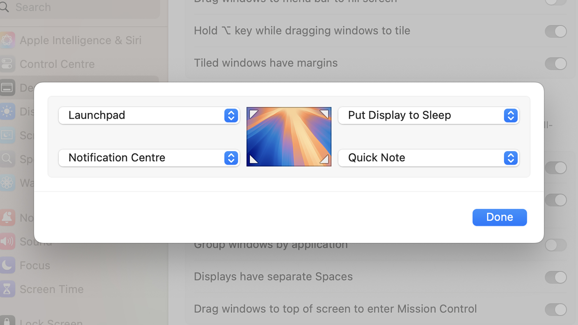 screenshot of hot corners settings