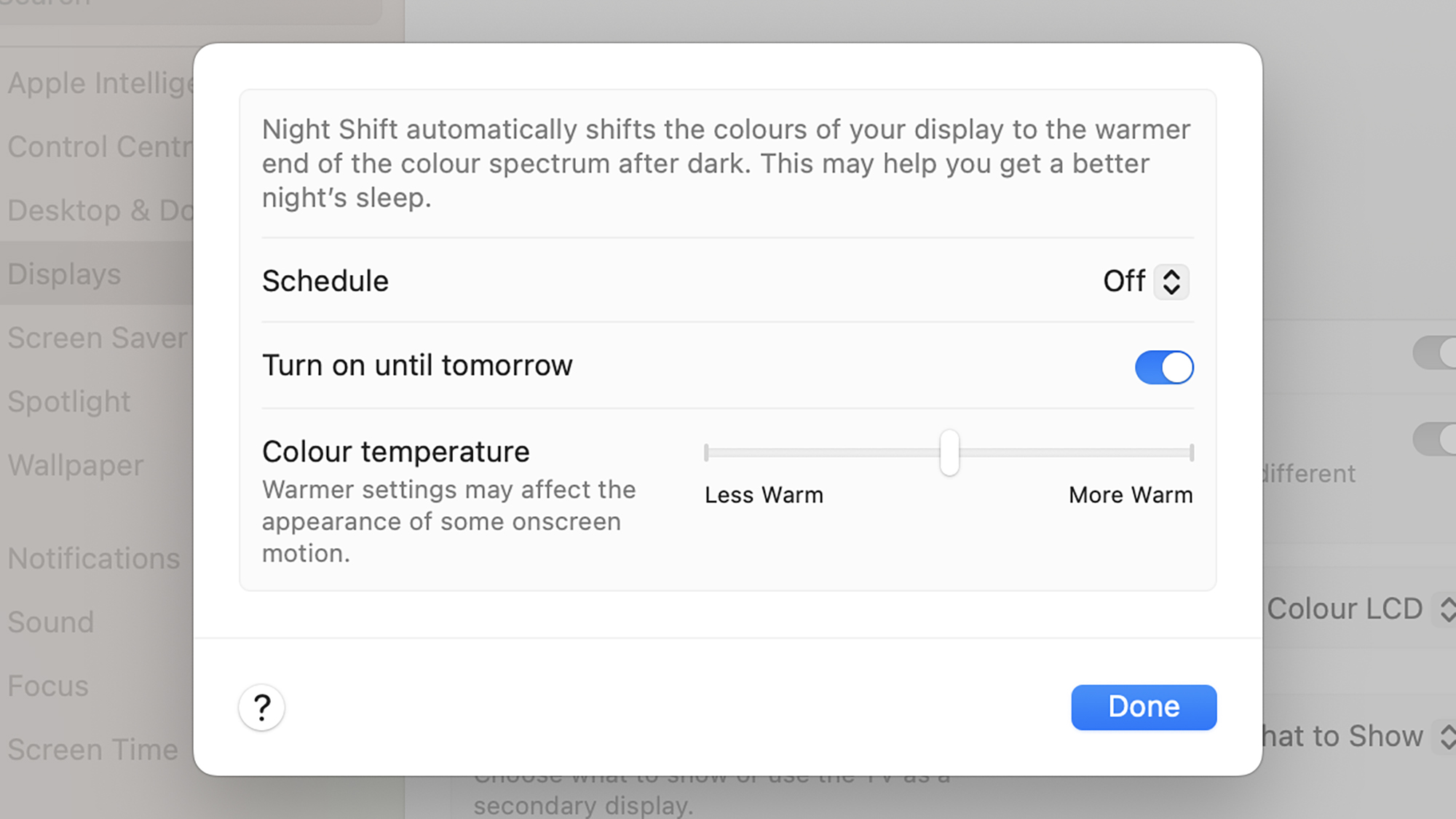 screenshot of night settings