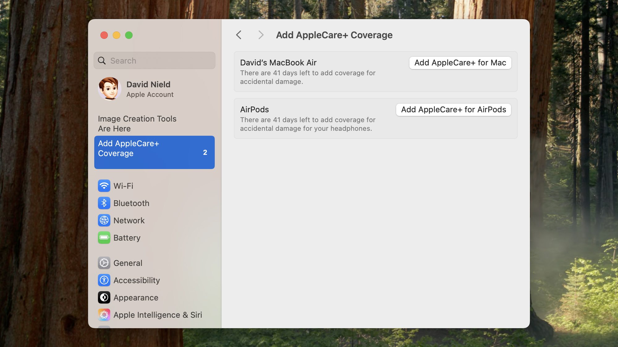 screenshot of applecare+ options