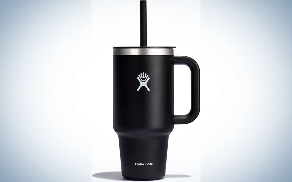Hydro Flask Black Travel Tumbler on a plain background on sale at Amazon