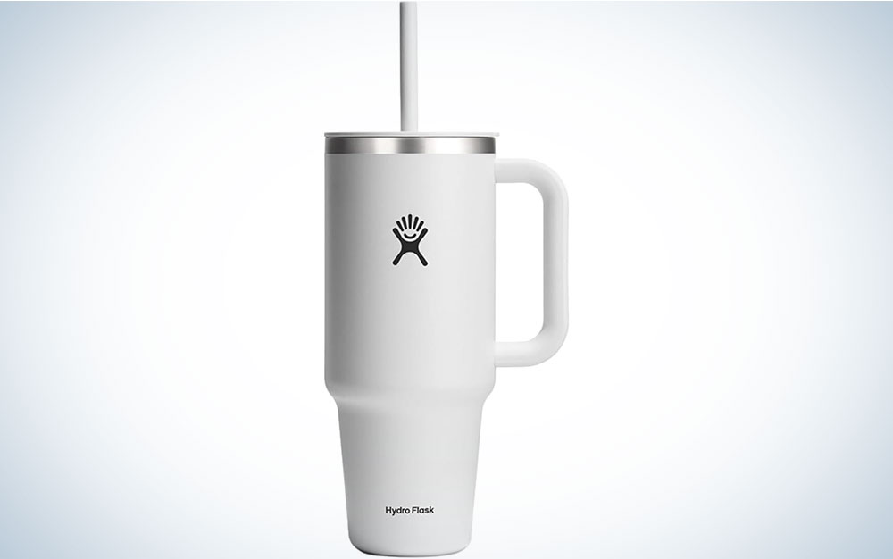 Hydro Flask White Travel Tumbler on a plain background on sale at Amazon