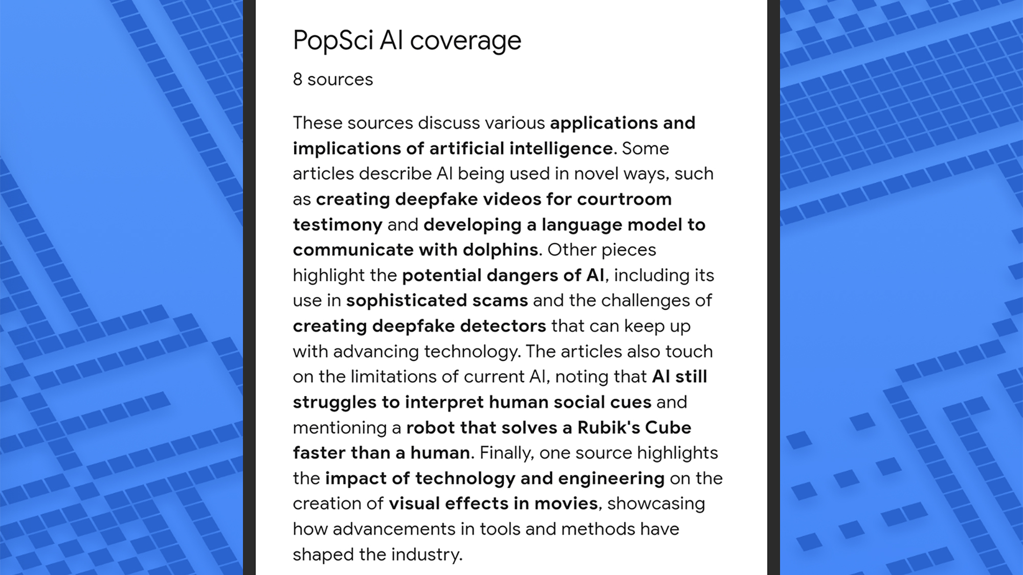 screenshot of what sources look like in notebooklm. this example is of popsci ai coverage