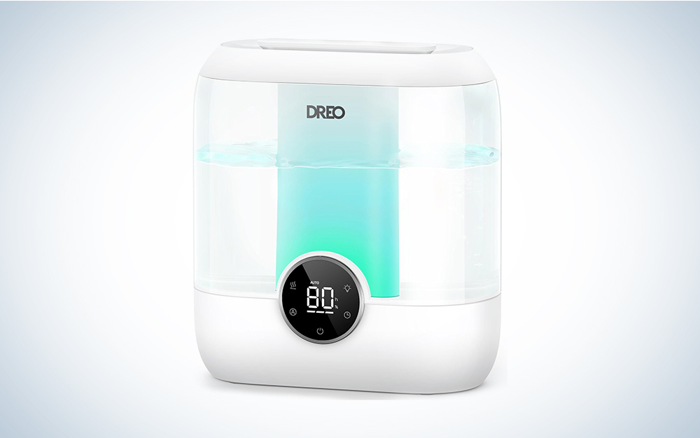 Product image of a clear and blue Dreo humidifier on a grey gradient