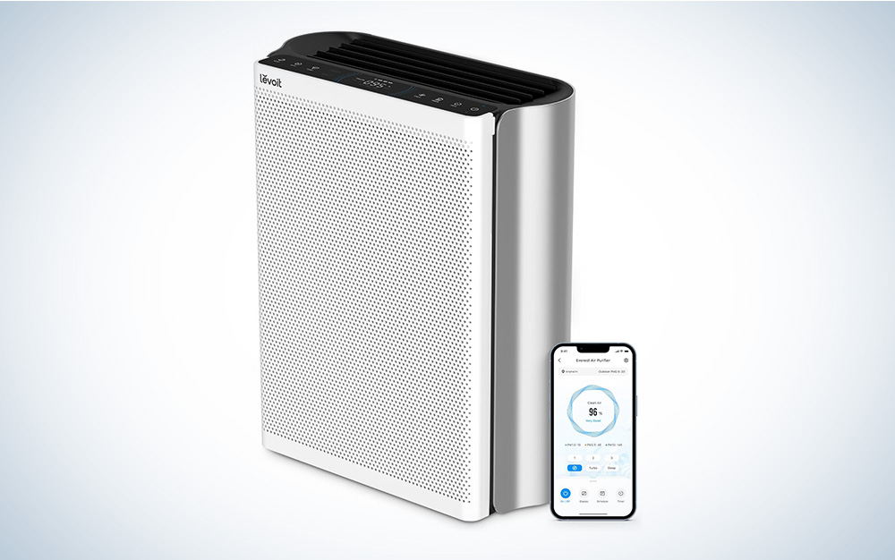 White and silver Levoit EverestAir Smart Air Purifier product image on a grey gradient