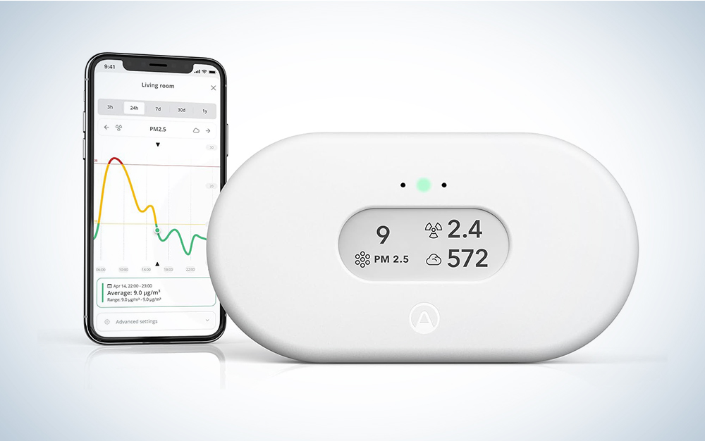 White Airthings 360 View Plus Air-Quality Monitor product image on a grey gradient