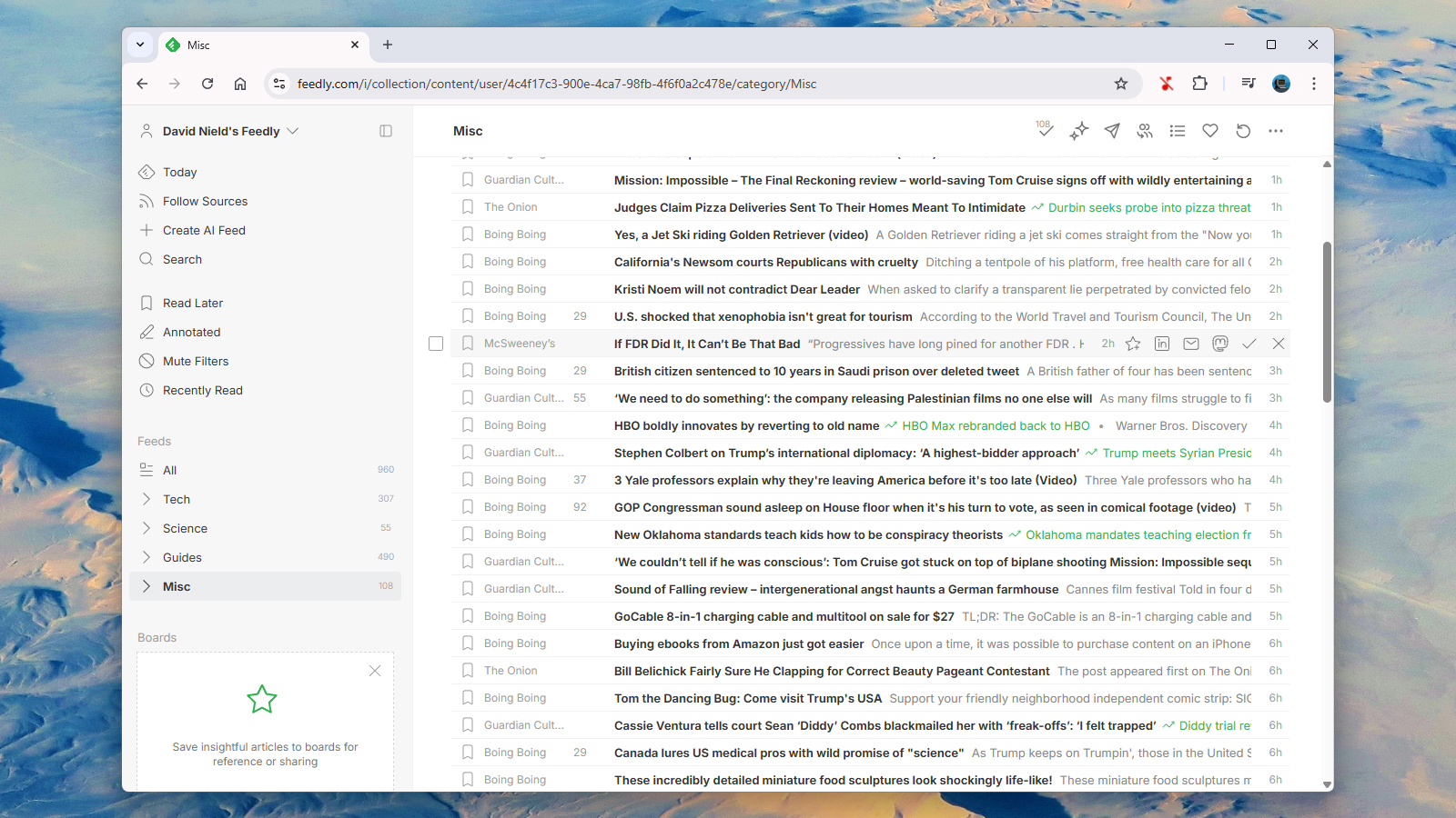 screenshot of options in feedly