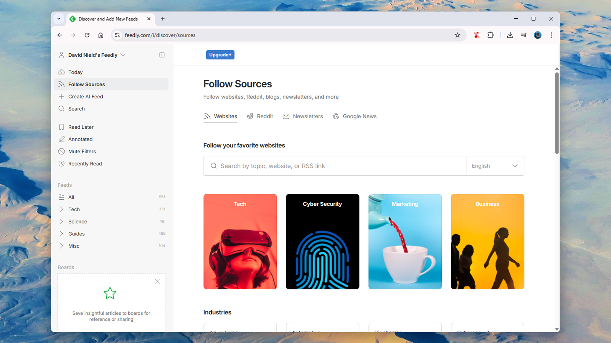 screenshot of 'follow sources' page on feedly