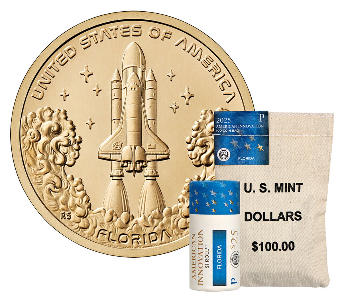 Space Shuttle gold coin with US Mint roll and bag