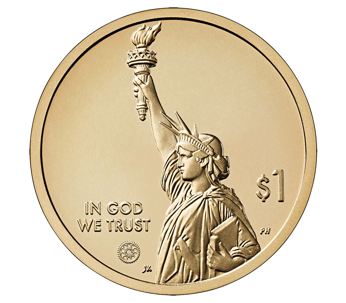 Gold coin front depicting Statue of Liberty