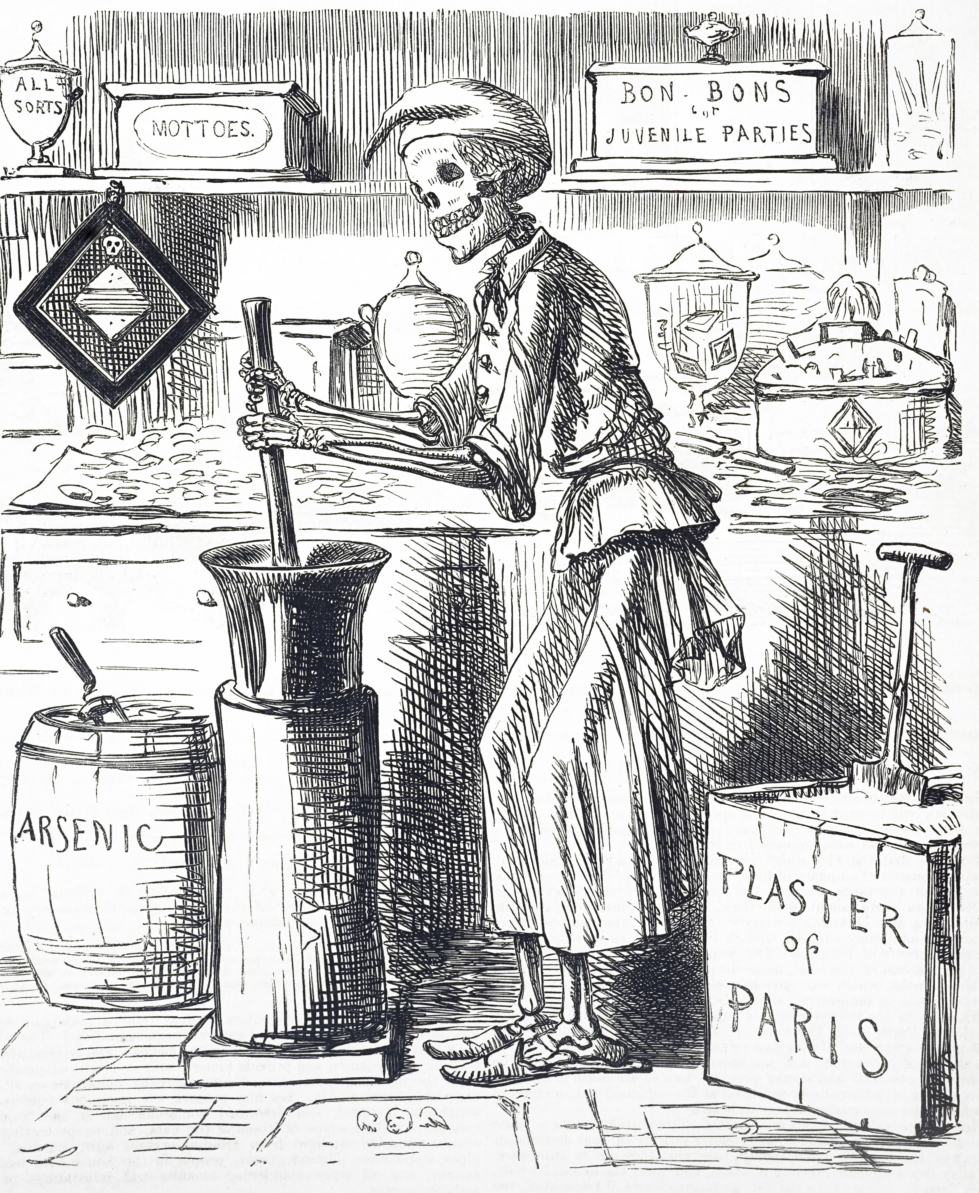 Cartoon titled 'Poisoning by Food Adulteration'. In November 1858 a confectioner bought Plaster of Paris from a druggist to add to lozenges. Instead of Plaster of Paris he was accidently sold arsenic. 20 died out of the 200-odd people poisoned. This case gave ammunition to those trying to get legislation against food adulteration through Parliament (Scholfield Act of 1859). Illustrated by John Leech (1817-1864) an English caricaturist and illustrator. Dated 19th century. (Photo by: Universal History Archive/Universal Images Group via Getty Images)