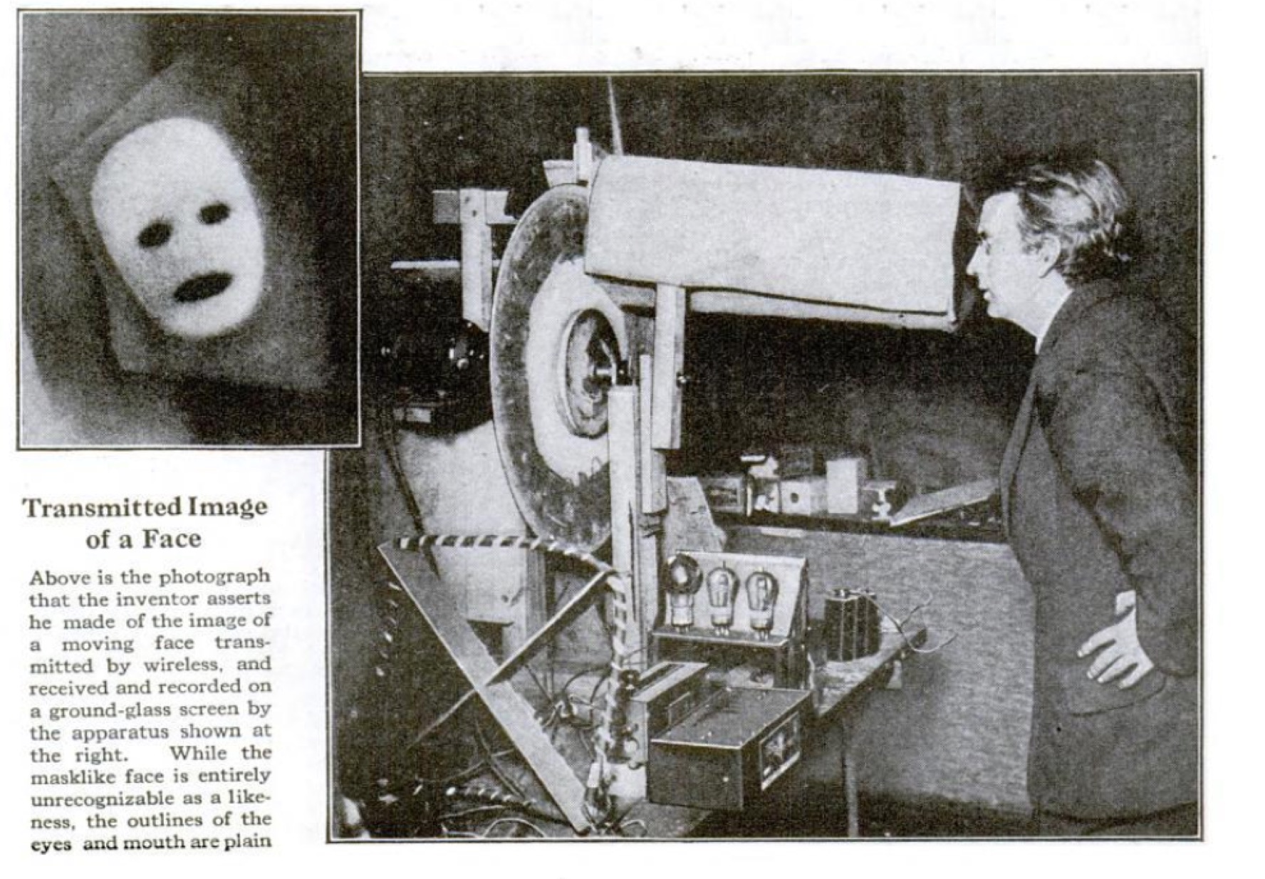 screenshot from popular science magazine story showing baird and his device along with the face image