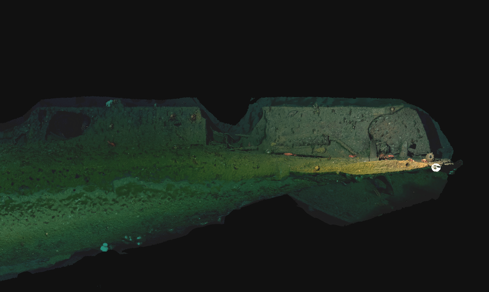 Photogrammetric reconstruction of the submarine USS F-1 showing the sub’s stern and propeller. CREDIT: Image by Zoe Daheron, ©Woods Hole Oceanographic Institution