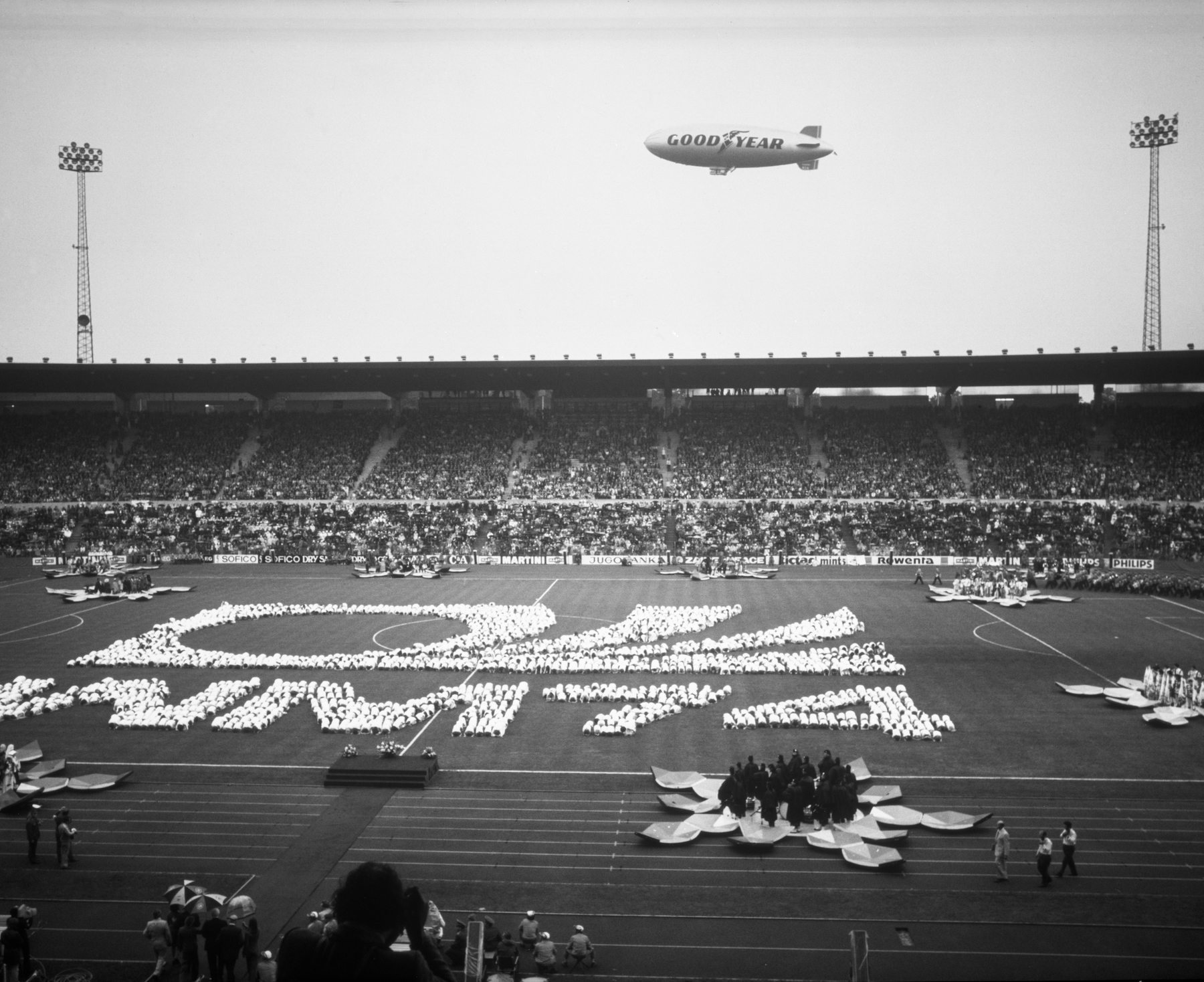 Goodyear's first internationally-based blimp Europa first took the skies in 1972. Here it flies over the opening ceremony of the 1974 World Cup in Frankfurt, Germany.