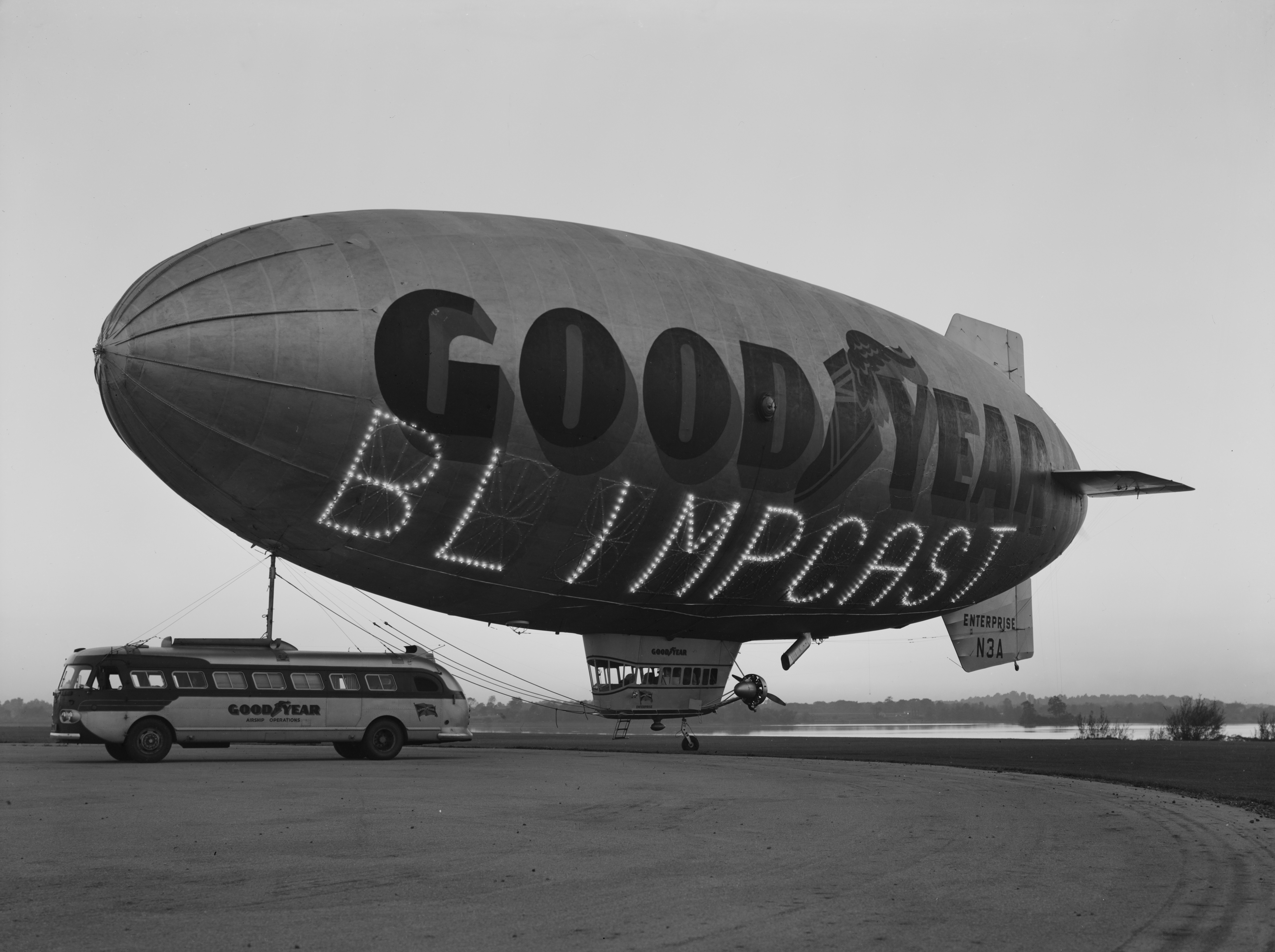 The Goodyear Blimp Enterprise displays a newly designed electric sign 