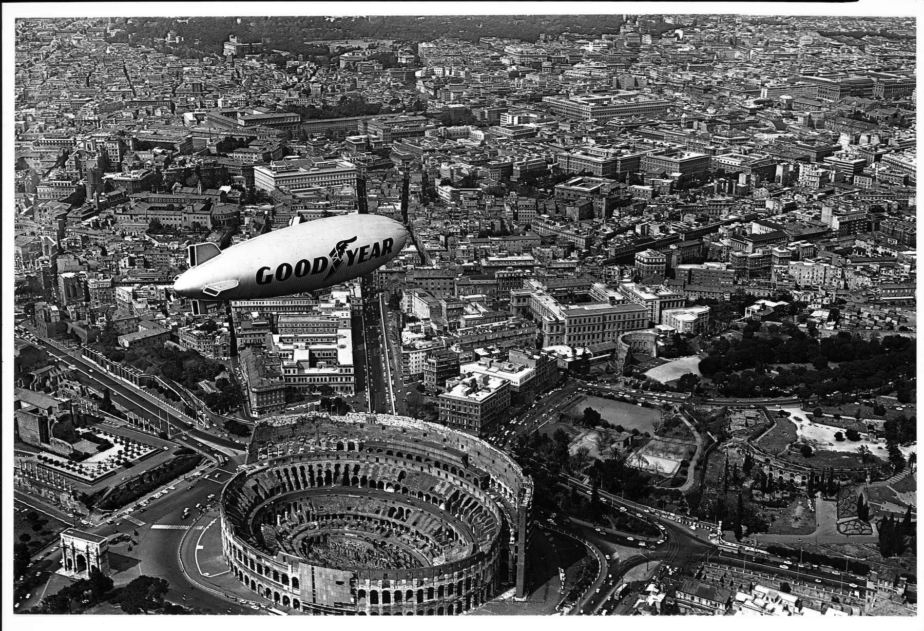 blimp flying over Rome and the Colosseum in 1974.