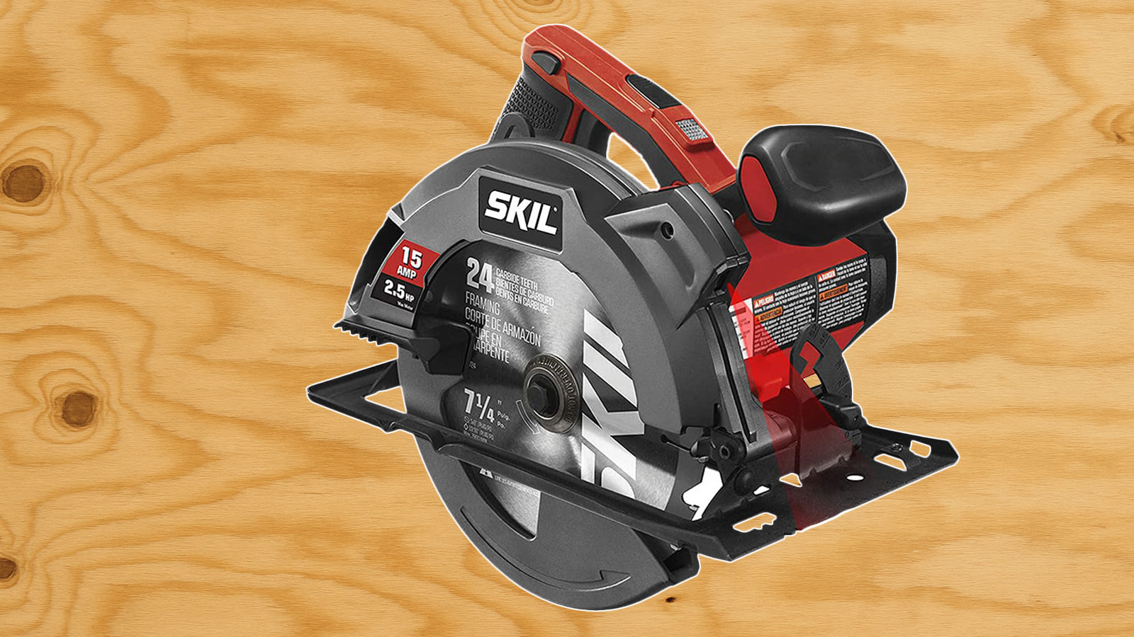  A Skil circular saw in front of plywood.