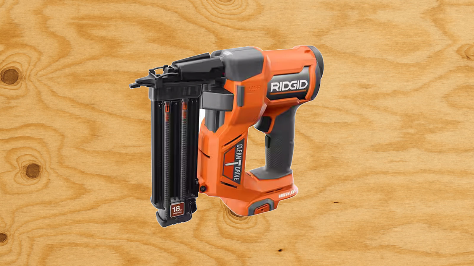  A Rigid brad nailer in front of plywood.