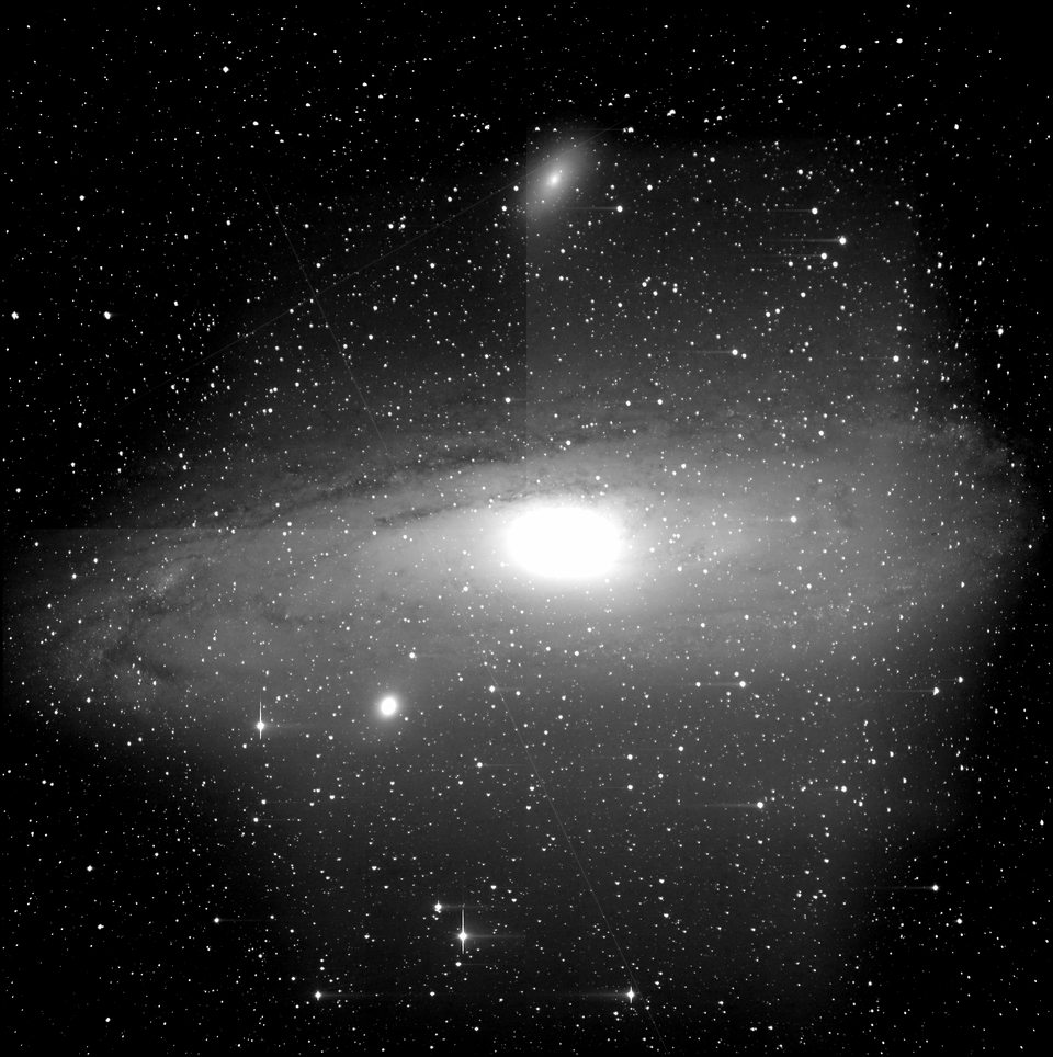 Observations of our neighbouring galaxy, Andromeda, made using ESA’s Flyeye telescope. The image was acquired during the telescope’s ‘first light’ campaign by combining 16 exposures, each of 30 seconds. Credit: ESA