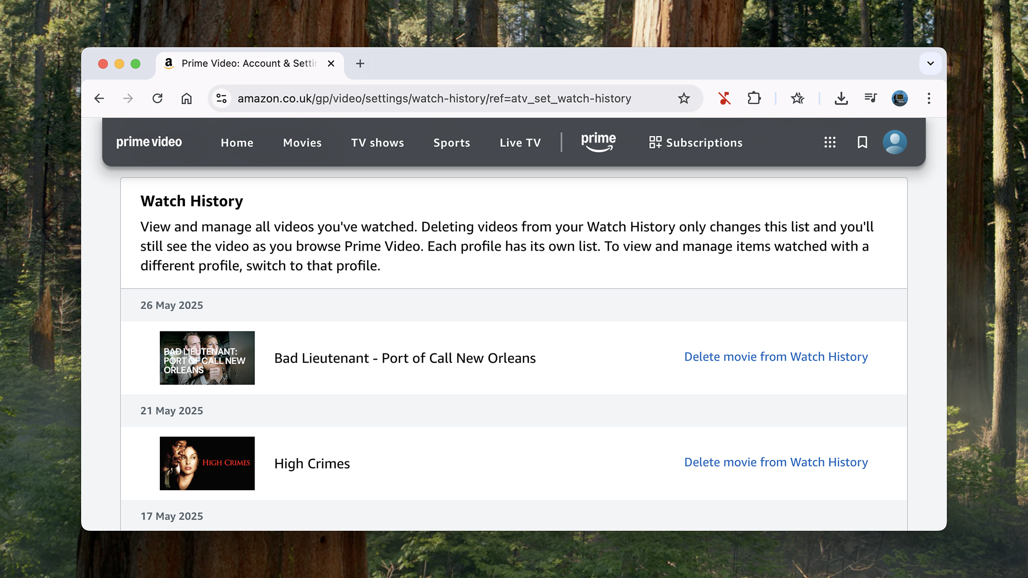 screenshot of watch history page in amazon prime video
