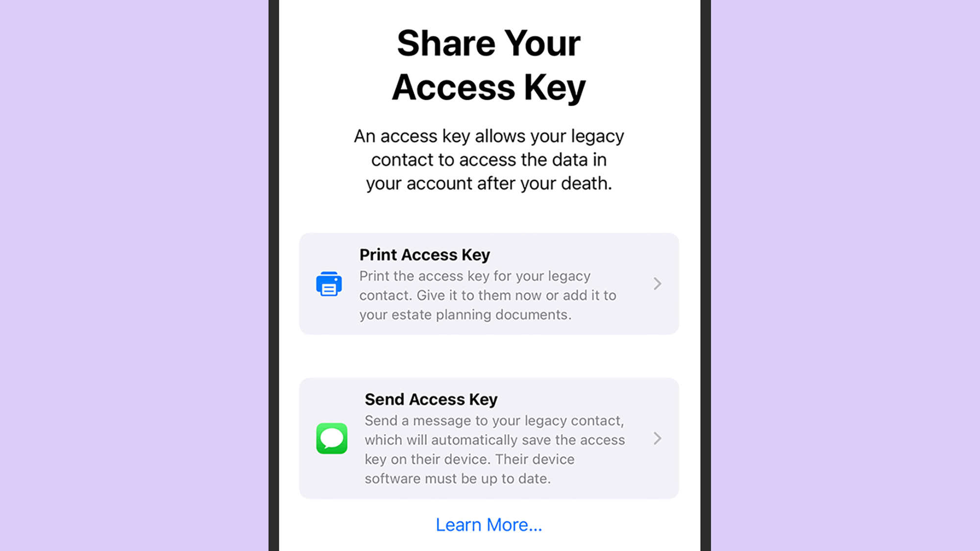 screenshot of access key sharing options on an iphone
