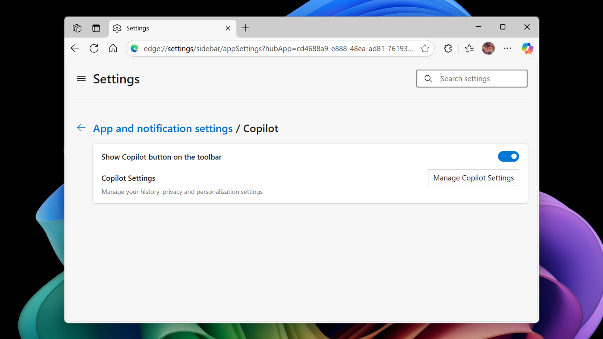 screenshot of copilot settings in edge browsers