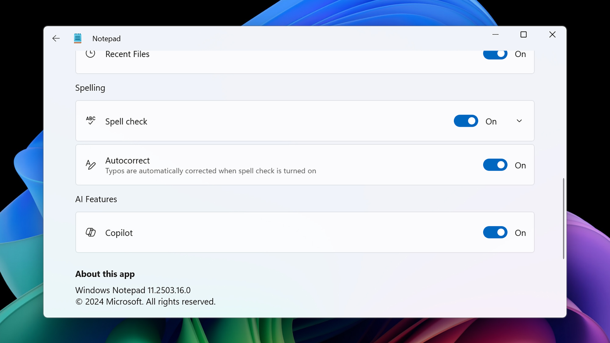 screenshot of copilot settings in notepad