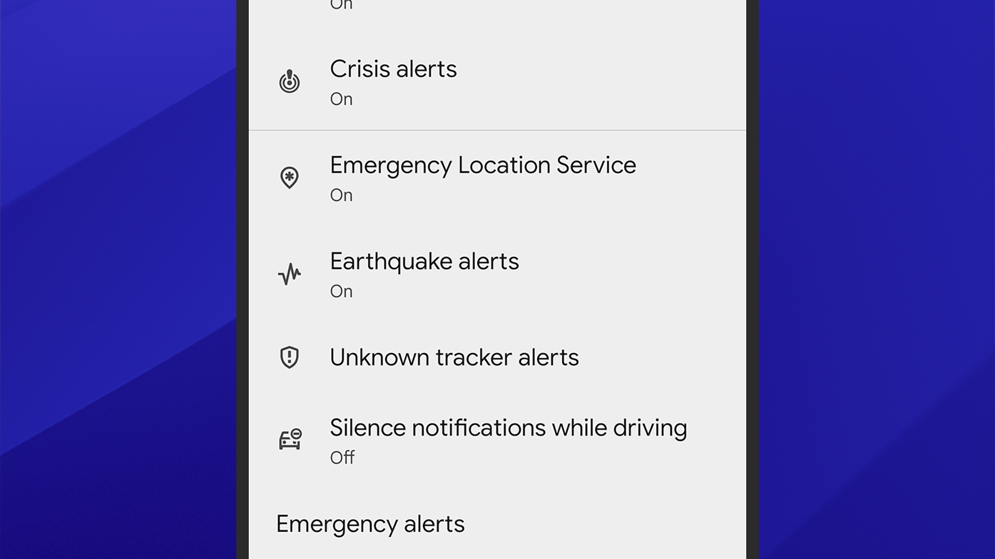 emergency settings screenshot
