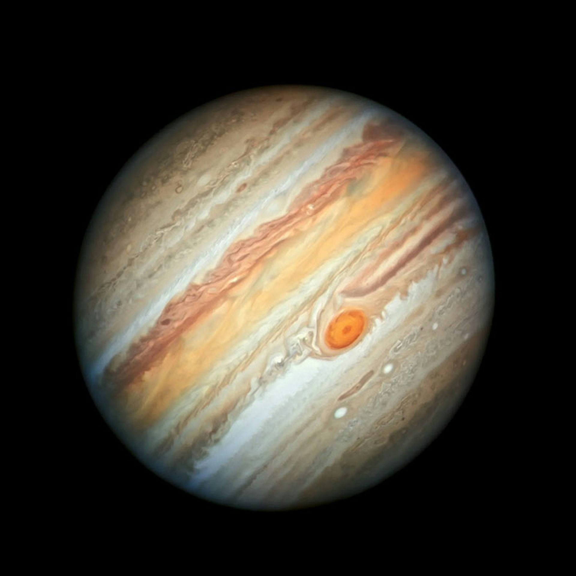 The planet Jupiter, multi-colored, multi-banded and sporting the Great Red Spot.