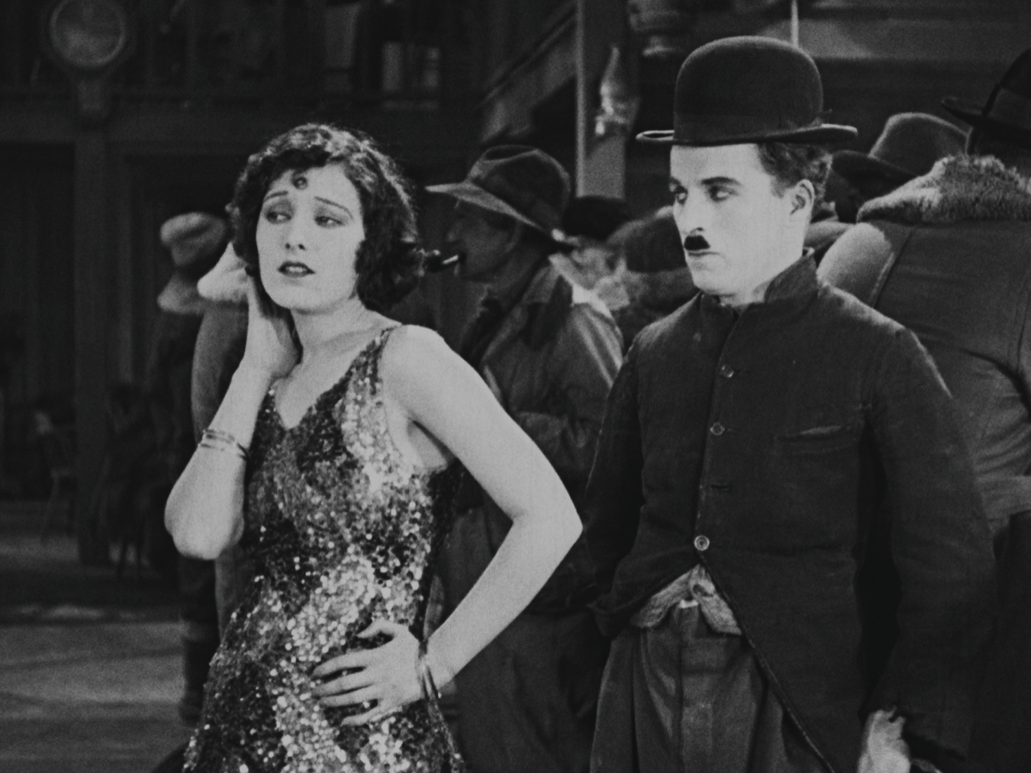 Chaplin looking at co-star Georgia Hale in The Gold Rush