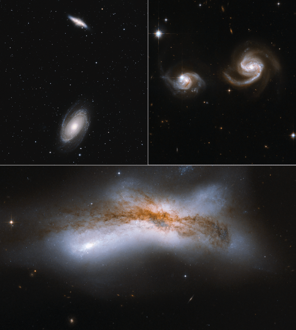 Three simulations showing Milky Way and Andromeda bypass at 1 million light year separation. At 500,000 light-years, dark matter provides friction that brings galaxies to a close encounter. A 100,000 light-year separation leads to a collision.