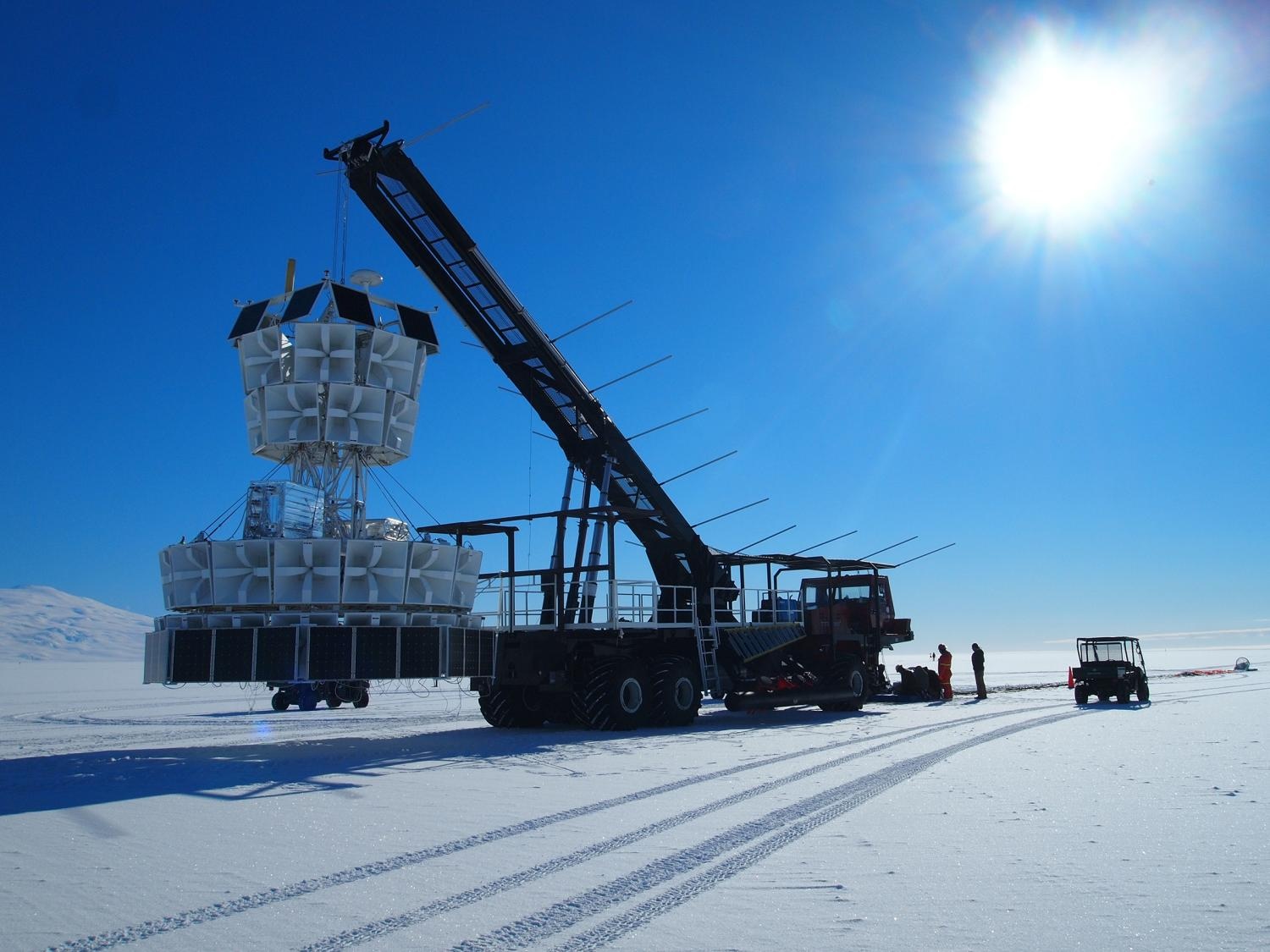 Close shot of ANITA balloon system and trucks in Antarctica