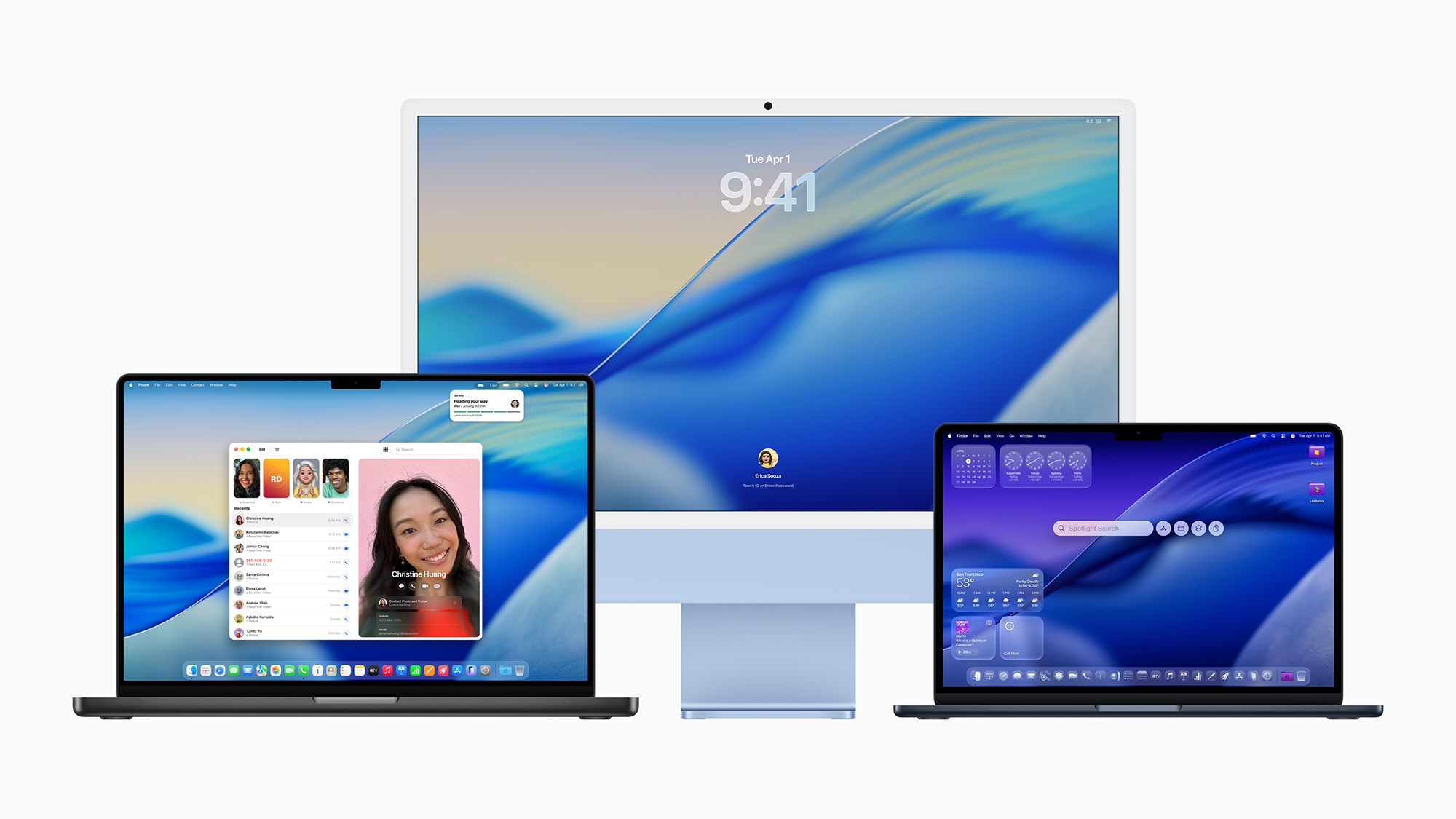 group of mac computers with new macos 26 features open