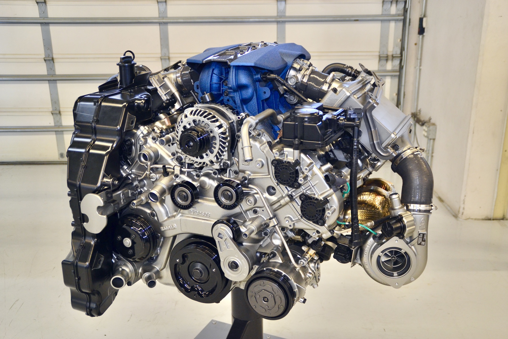 the engine of the car on display