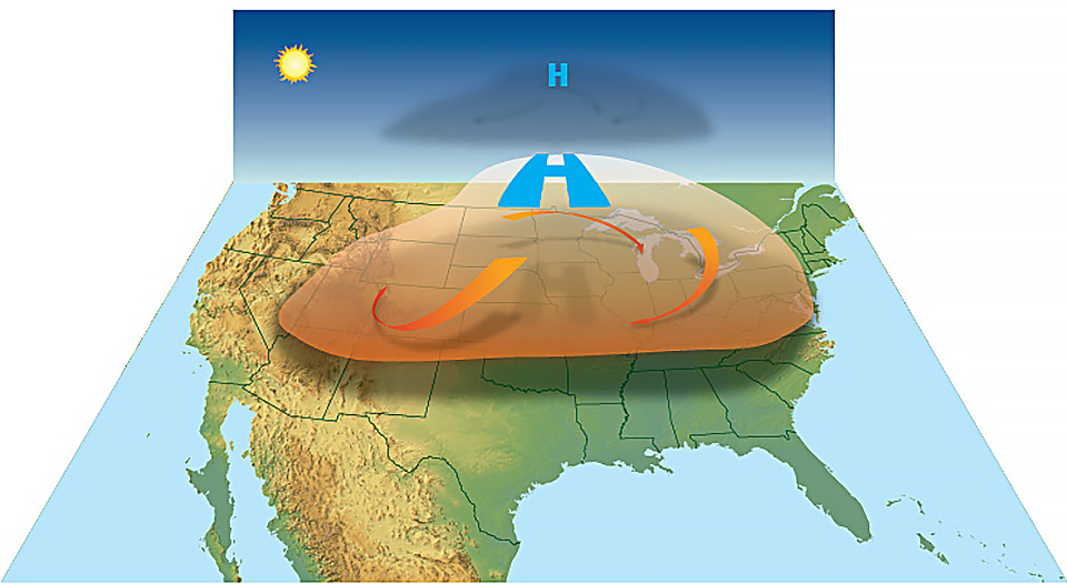 an illustration showing a map of the united states with an area of high pressure (shown in orange) over the central part of the country. the orange area is a heat dome