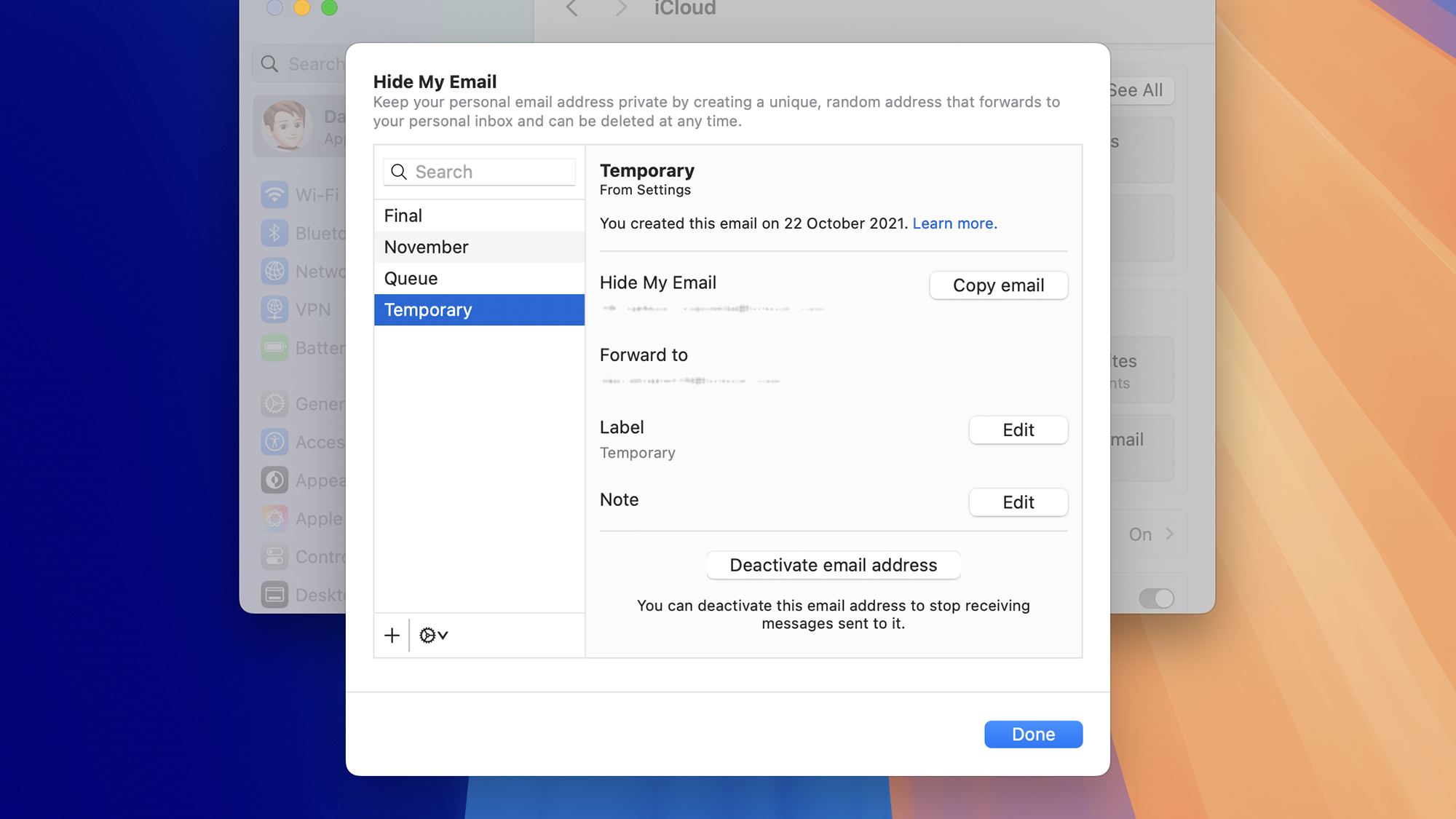 screenshot of 'hide my email' feature