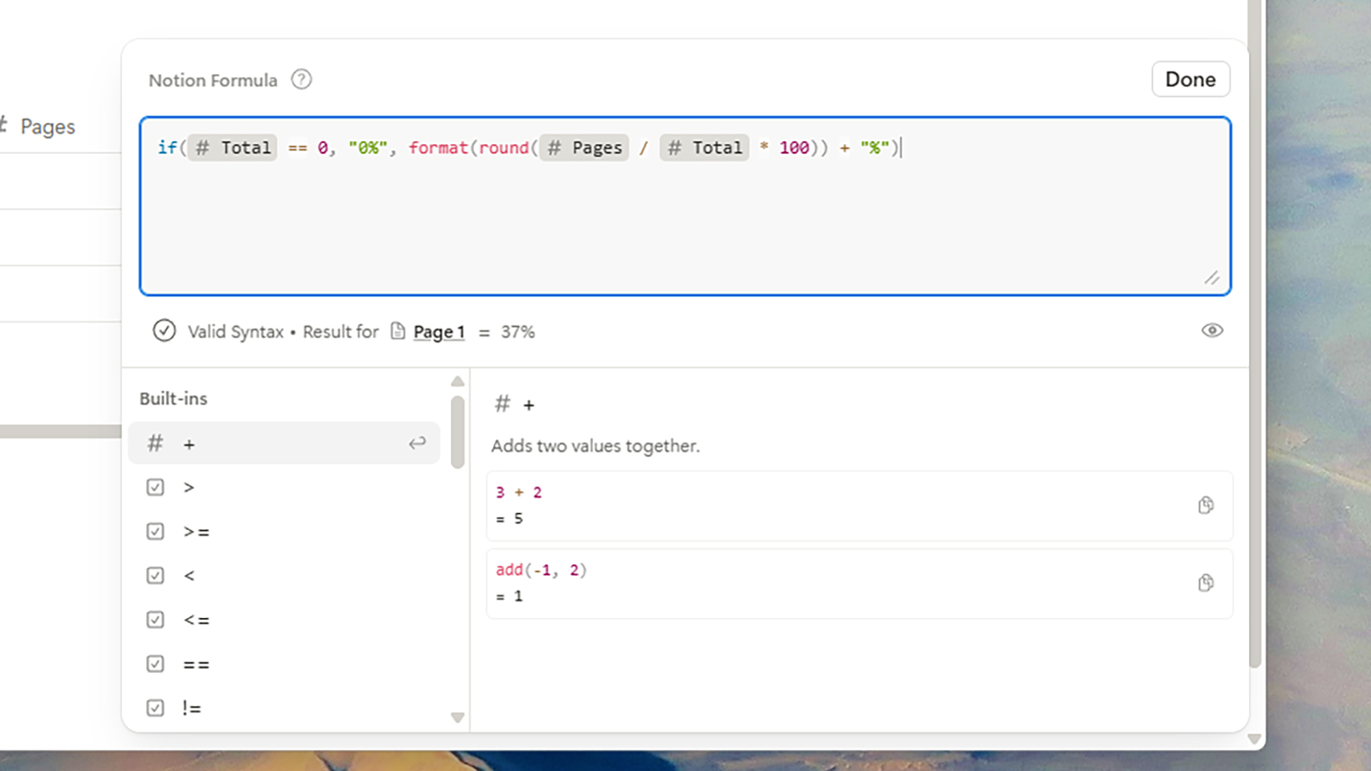 formula options in notion