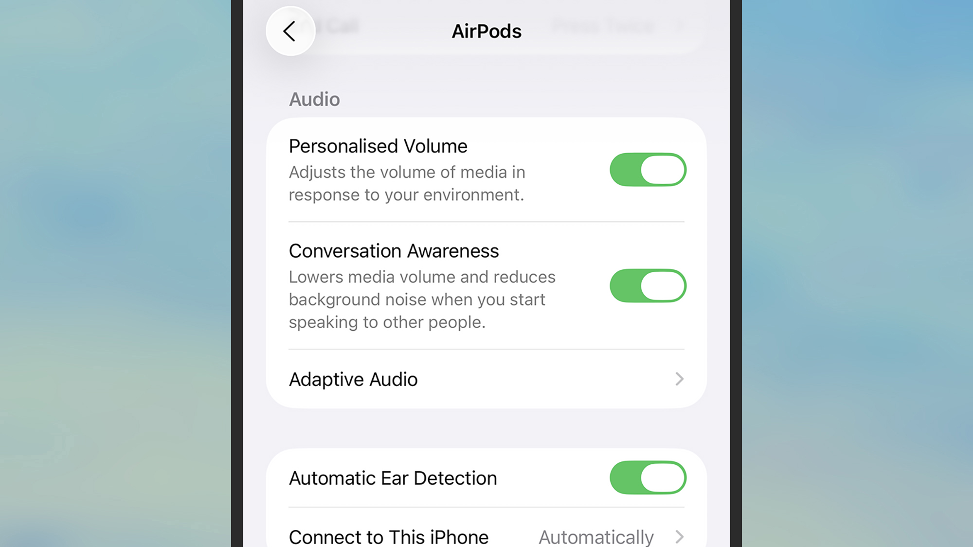 screenshot of adaptive audio settings on an iphone