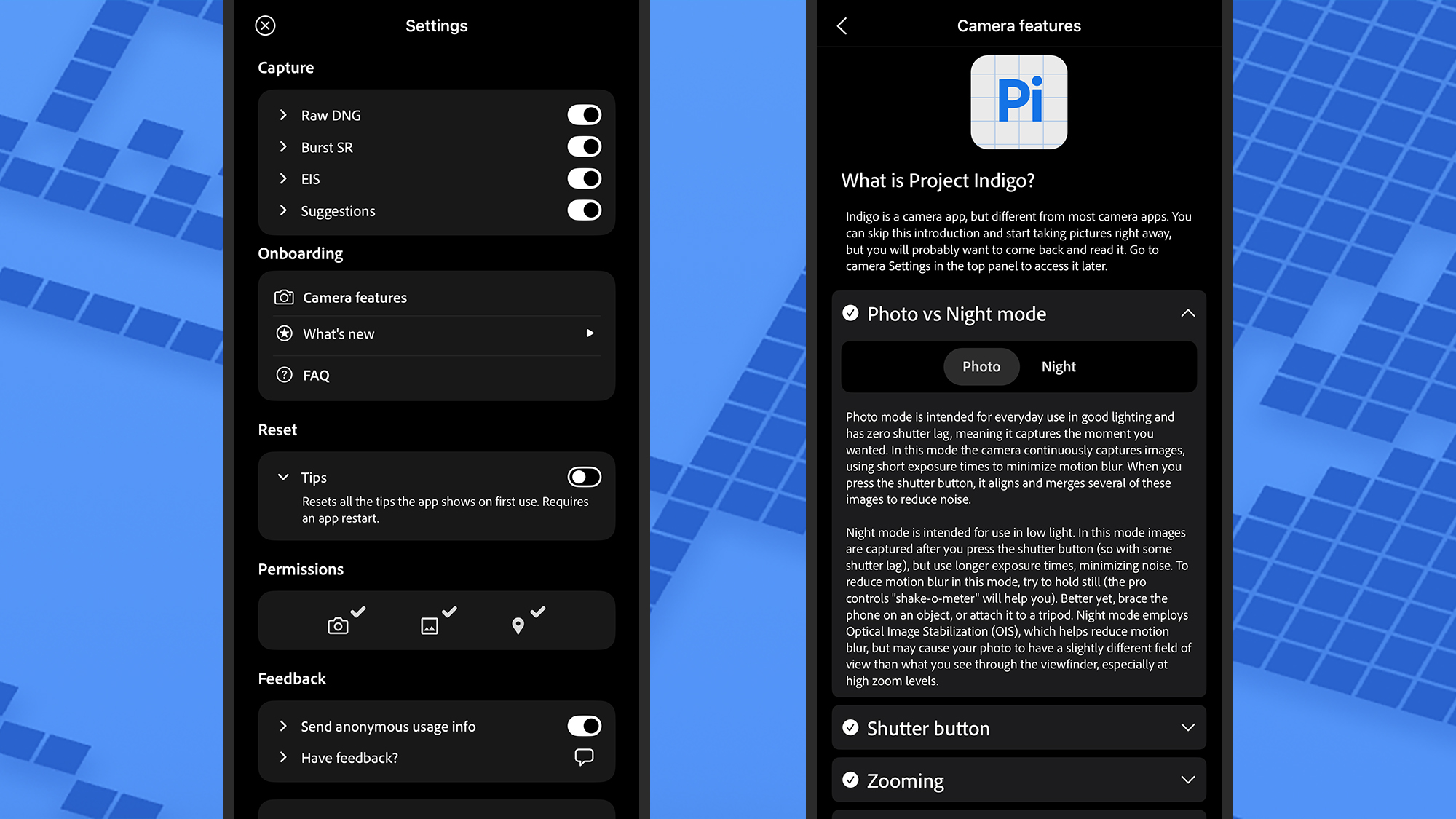 settings options in project indigo